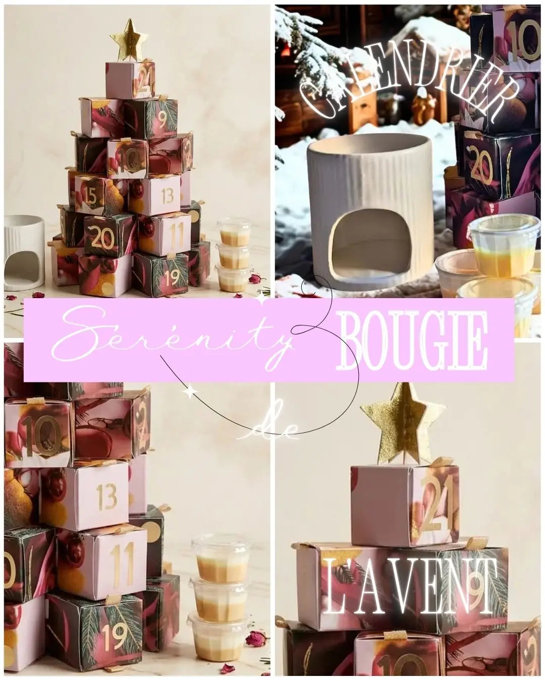 Un collage photo à quatre panneaux pour la marque Serenity BOUGIE. En haut à gauche, un calendrier de l'Avent en forme de sapin composé de boîtes cadeaux colorées et numérotées, coiffé d'une étoile dorée, entouré d'un diffuseur blanc et de petits pots de bougies. En haut à droite, une scène de Noël enneigée avec le diffuseur et des bougies, et le texte stylisé "CALENDRIER" en haut. En bas à gauche, un gros plan sur les boîtes numérotées et les pots de bougies. En bas à droite, le sommet du sapin calendrier