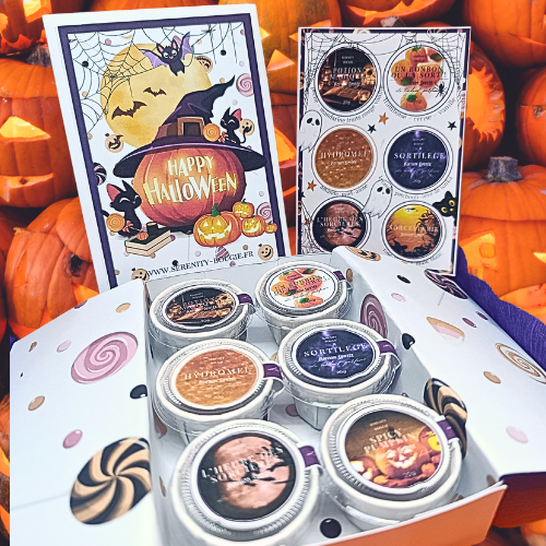 Coffret de 6 fondants parfumés Halloween "Happy Halloween" ouvert sur fond de citrouilles. Les fondants Potion, Hydromel, Sortilège, L'heure des Sorcières, Spicy Pumpkin et Un Bonbon ou un Sort sont visibles.