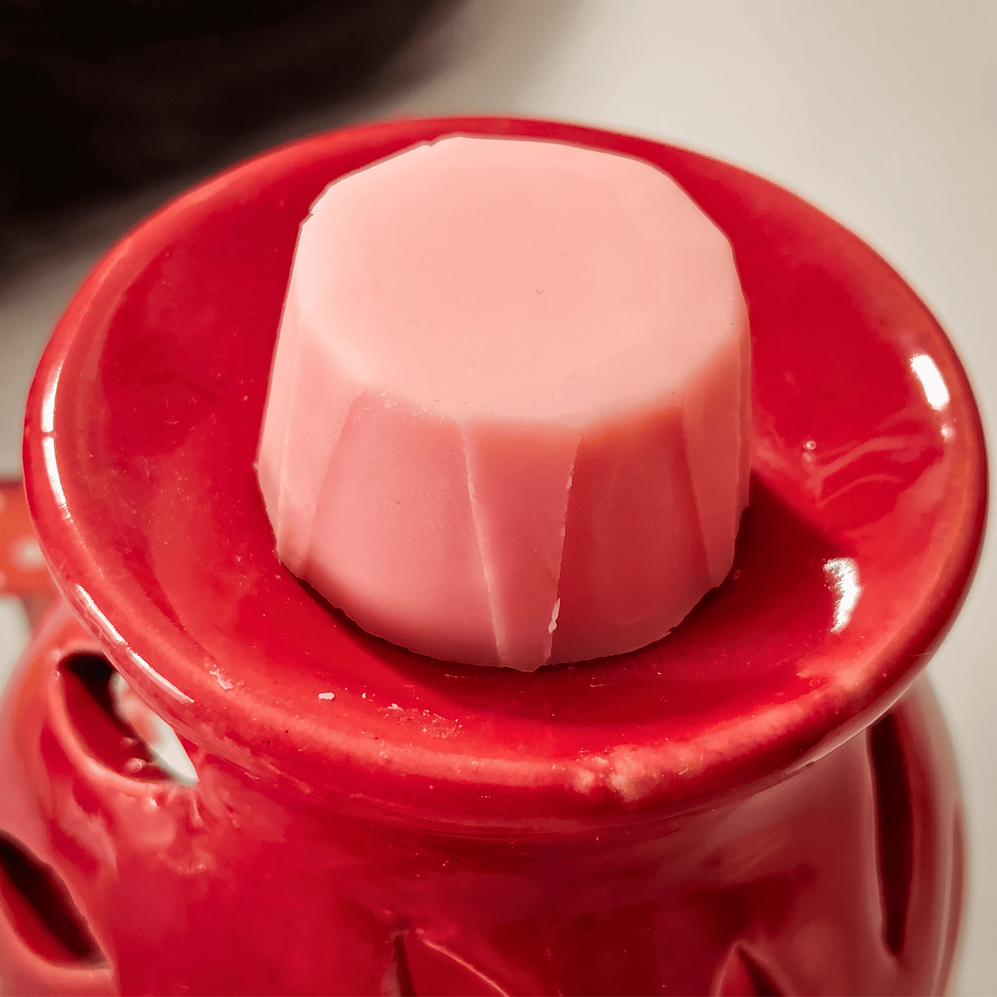Fondant de cire Douceur du Canada dans brûleur rouge. Cire végétale artisanale, parfum d'ambiance intense.