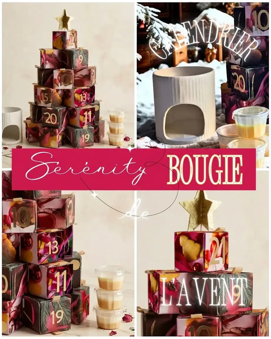 Un collage photo à quatre panneaux pour la marque Serenity BOUGIE. En haut à gauche, un calendrier de l'Avent en forme de sapin composé de boîtes cadeaux colorées et numérotées, coiffé d'une étoile dorée, entouré d'un diffuseur blanc et de petits pots de bougies. En haut à droite, une scène de Noël enneigée avec le diffuseur et des bougies, et le texte stylisé "CALENDRIER" en haut. En bas à gauche, un gros plan sur les boîtes numérotées et les pots de bougies. En bas à droite, le sommet du sapin calendrier