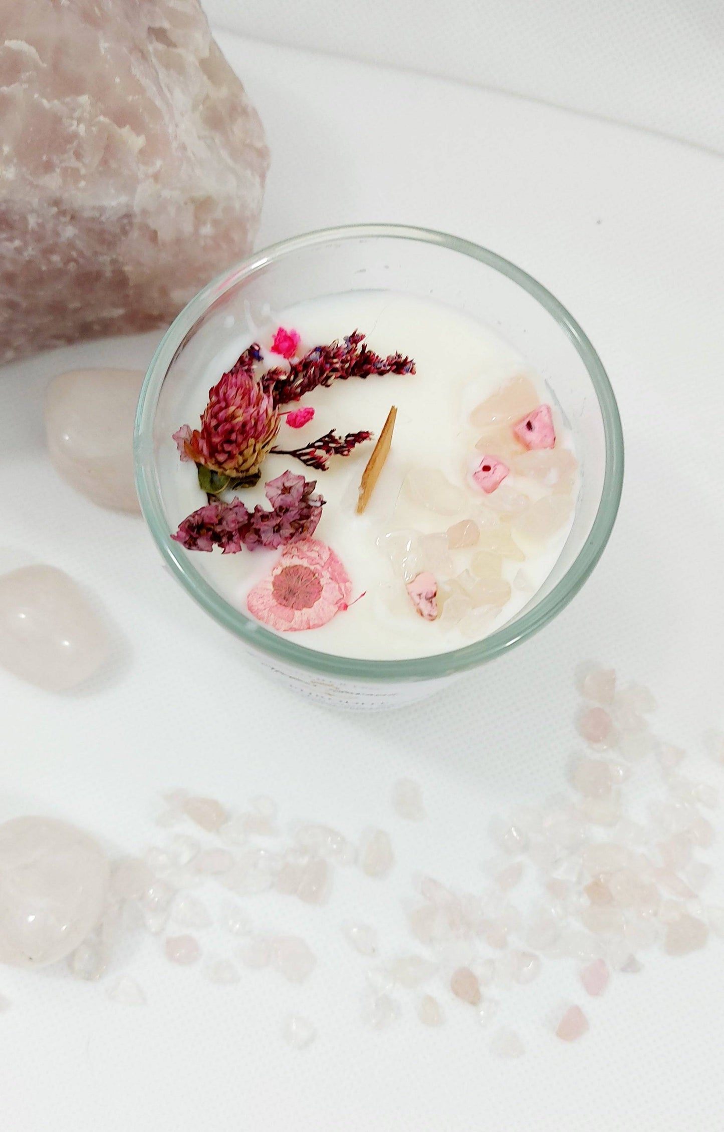 Bougie Lithothérapie Quartz Rose et Fleurs Séchées