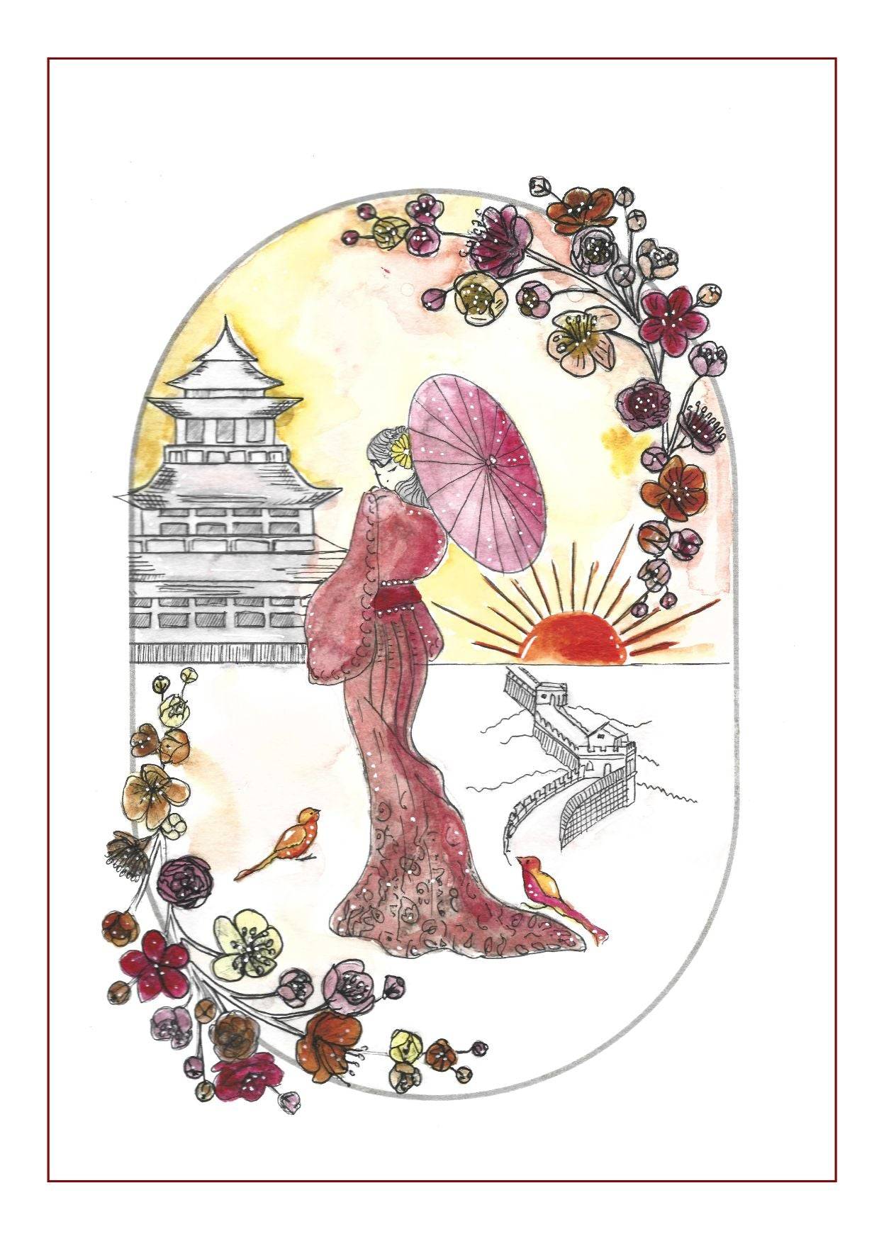 Illustration Aquarell AUSFLUG NACH OSAKA - A6 / A5 / A4