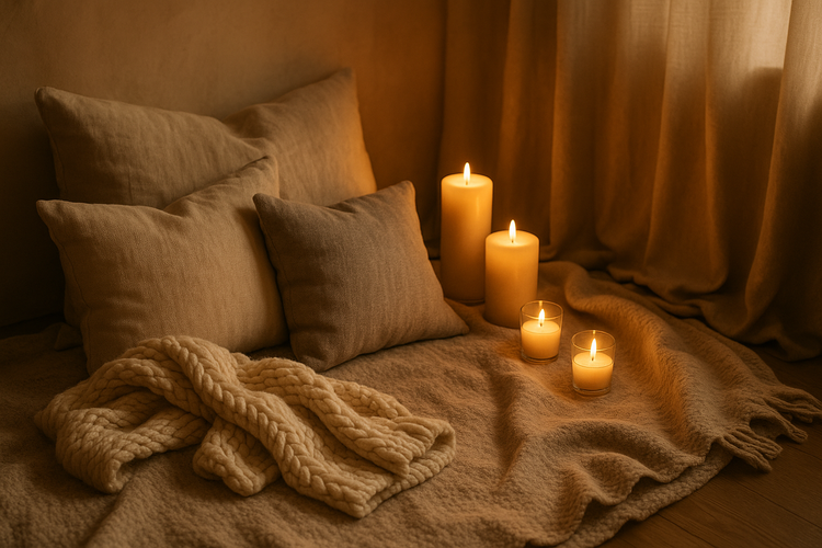 des bougies allumees dans un espace chaleureux et zen avec un plaid et des oreillers esprit cocooning