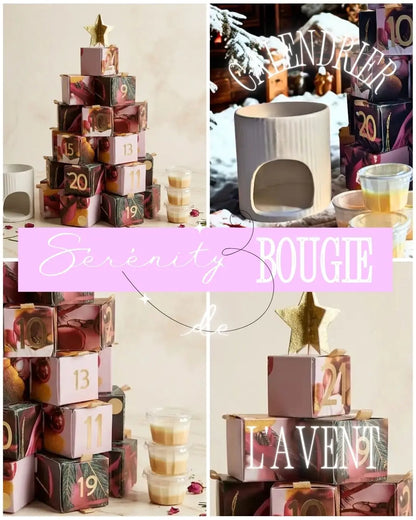 Un collage photo à quatre panneaux pour la marque Serenity BOUGIE. En haut à gauche, un calendrier de l'Avent en forme de sapin composé de boîtes cadeaux colorées et numérotées, coiffé d'une étoile dorée, entouré d'un diffuseur blanc et de petits pots de bougies. En haut à droite, une scène de Noël enneigée avec le diffuseur et des bougies, et le texte stylisé "CALENDRIER" en haut. En bas à gauche, un gros plan sur les boîtes numérotées et les pots de bougies. En bas à droite, le sommet du sapin calendrier 