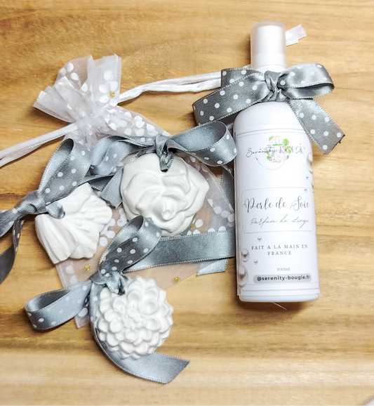 Coffret cadeau parfum de linge Perle de Soie avec flacon spray 100ml et 4 décors parfumés en plâtre gypses