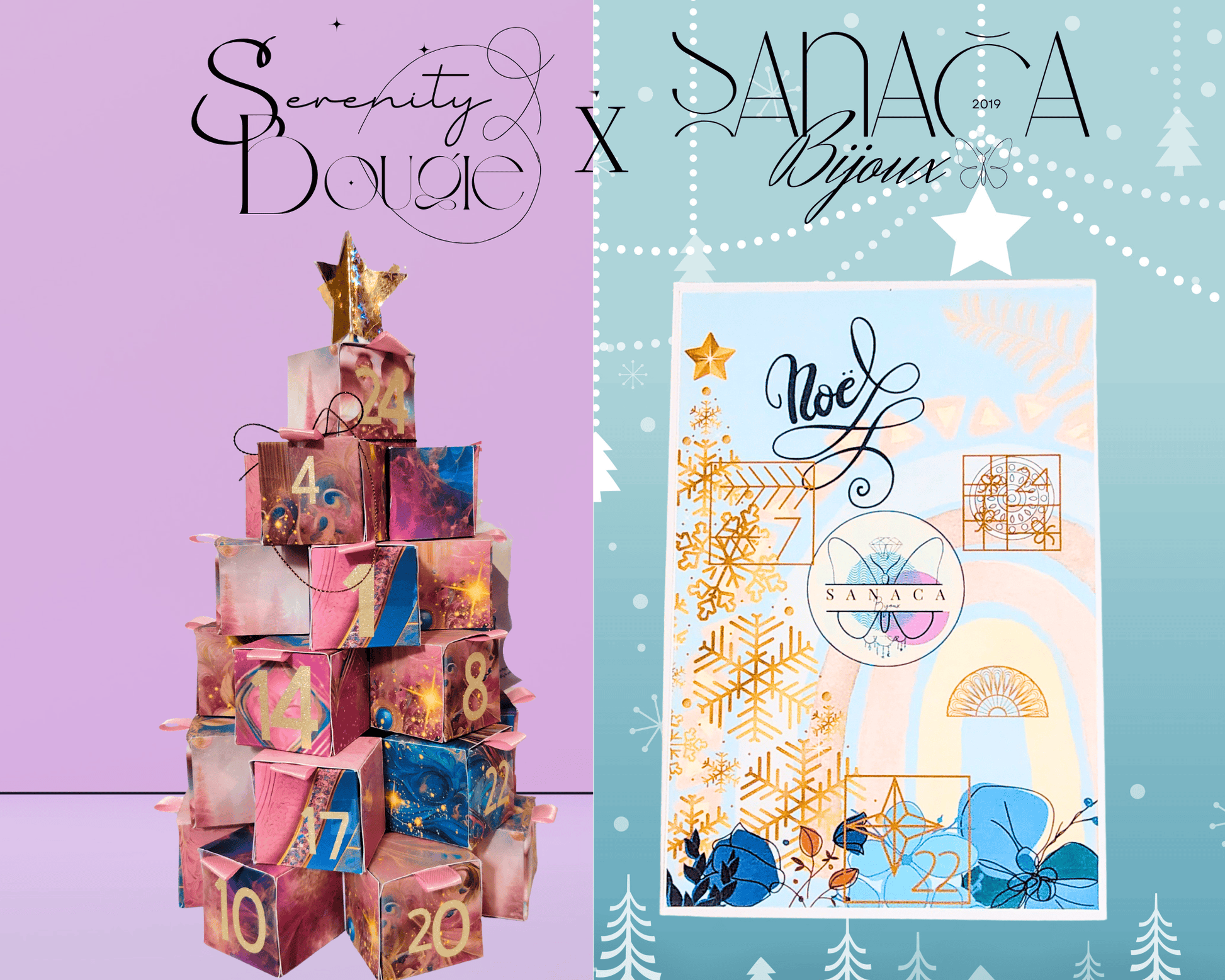 montre un calendrier de l'avent en sapin 3d contre un coffret bijoux 