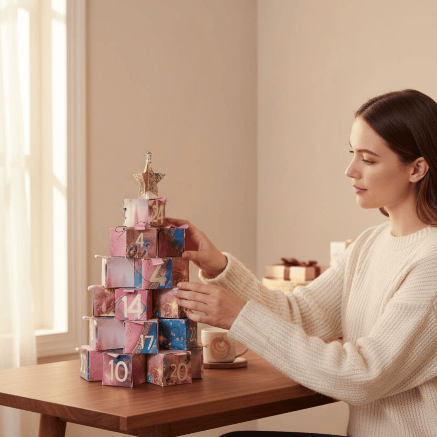une femme ouvrant le calendrier de l'avent 2025 bougie parfume 