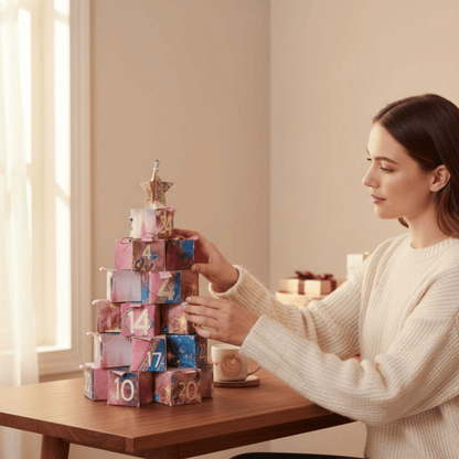 une femme ouvrant le calendrier de l'avent 2025 bougie parfume 