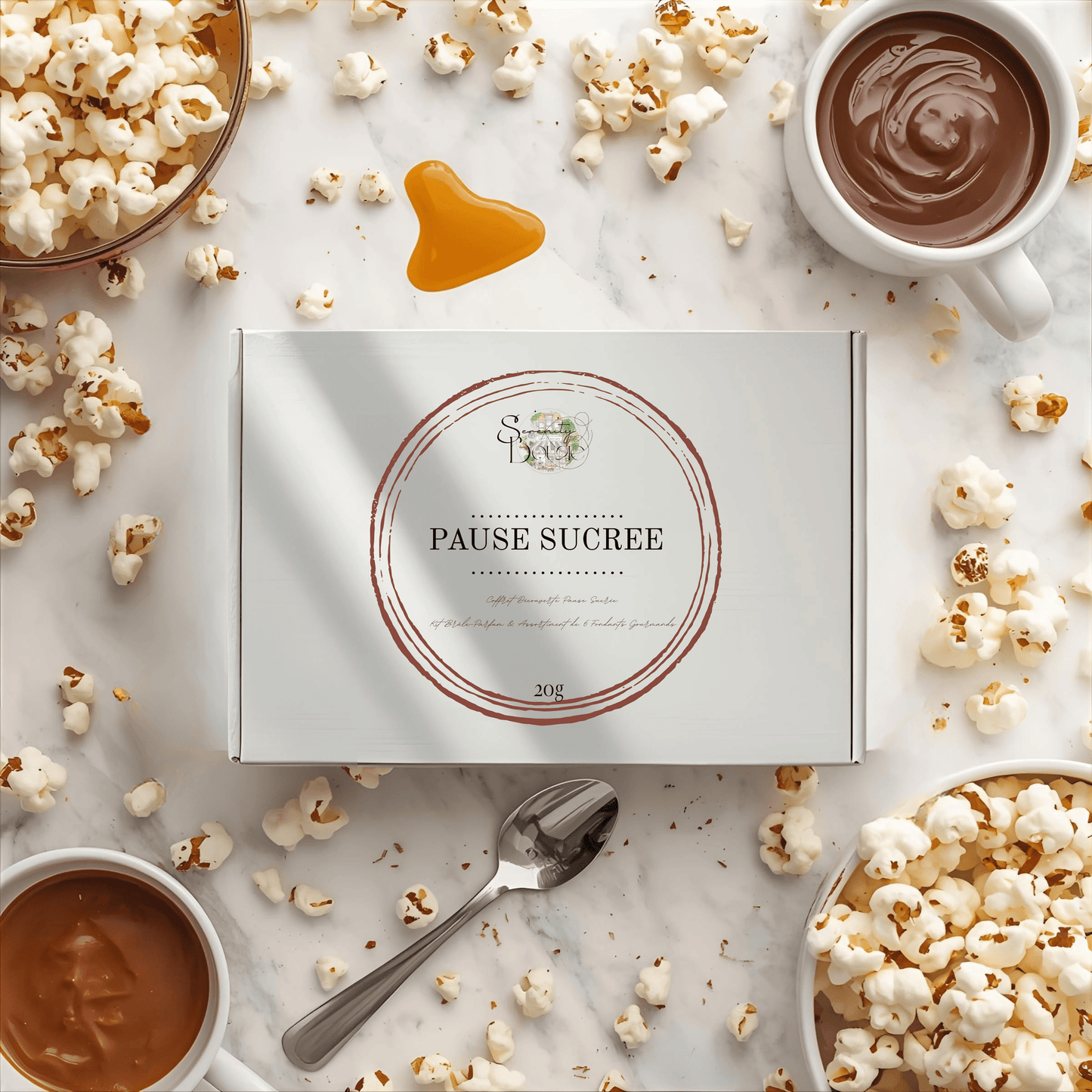 Gros plan sur la sélection de 6 fondants parfumés Gourmands présentés dans le coffret  boite ferme . On distingue clairement les noms : pause sucree