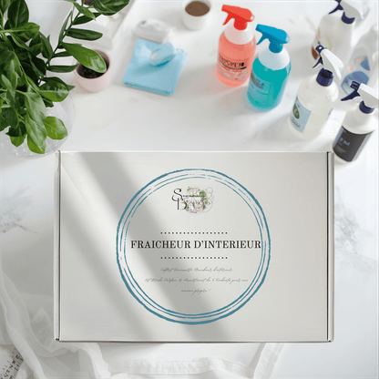 Coffret cadeau Fondants Parfumés "Fraîcheur d'Intérieur" fermé, posé sur une table en marbre, avec des produits de nettoyage et une plante en arrière-plan. Kit propreté et désodorisant.