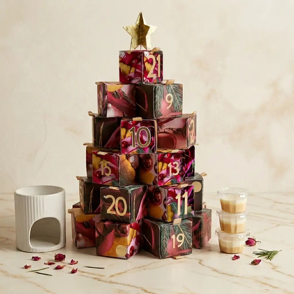 Une présentation de produit élégante sur une surface en marbre veiné blanc, montrant le calendrier de l'Avent Serenity Bougie. Le calendrier est un sapin formé de boîtes cadeaux décoratives numérotées, coiffé d'une étoile dorée. Un diffuseur d'huile en céramique blanche se trouve à gauche, et une pile de petits pots de bougies en cire est à droite. Des pétales de rose séchés et un brin de romarin sont délicatement dispersés sur le marbre. L'arrière-plan est un mur de marbre doux et flouté.