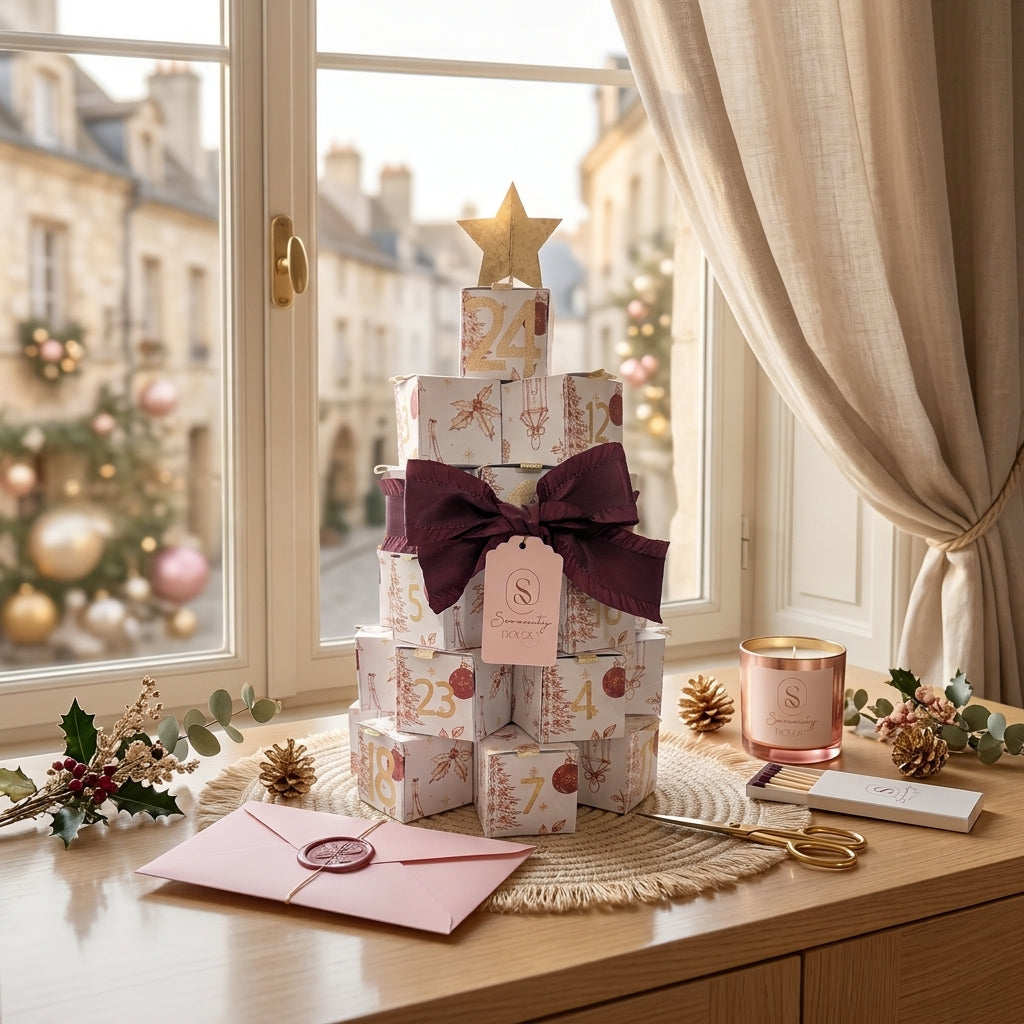 Une présentation de produit élégante sur une surface en bois montrant le calendrier de l'Avent Serenity Bougie. Le calendrier est un sapin formé de boîtes cadeaux décoratives numérotées, coiffé d'une étoile dorée. Un diffuseur d'huile en céramique blanche se trouve à gauche, et une pile de petits pots de bougies en cire est à droite. Des pétales de rose séchés et un brin de romarin sont délicatement dispersés sur le marbre. L'arrière-plan est une vue sur l'extérieur 
