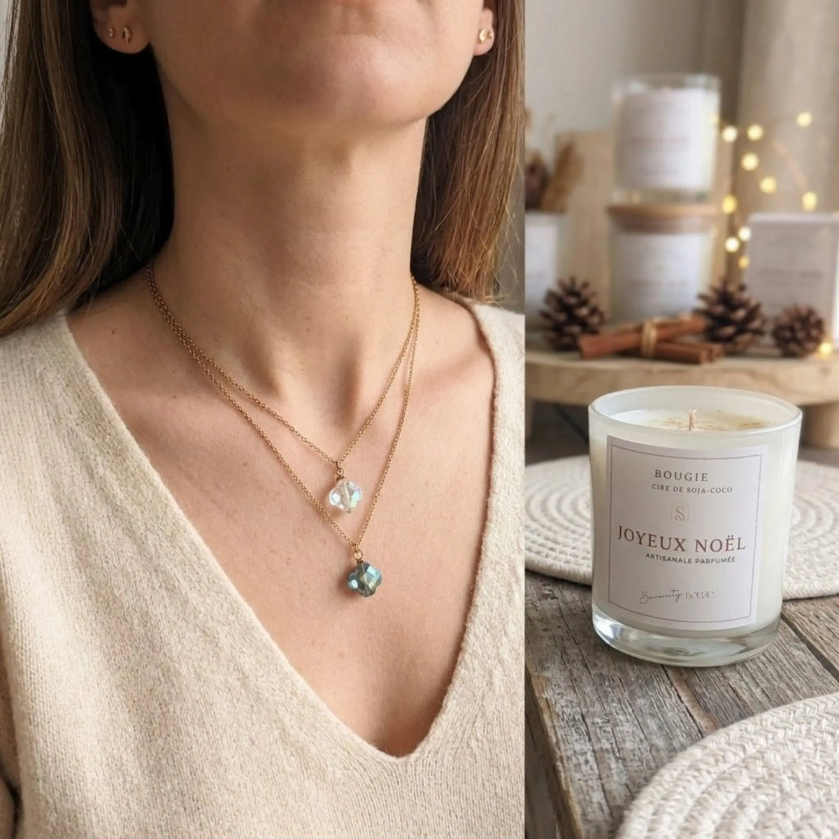 Bougie Bijou "Joyeux Noël" – Collier en Acier Inoxydable & Pendentif Cristal Aura