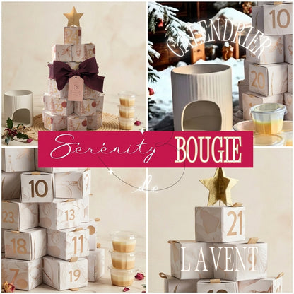 Un collage photo à quatre panneaux pour la marque Serenity BOUGIE. En haut à gauche, un calendrier de l'Avent en forme de sapin composé de boîtes cadeaux colorées et numérotées, coiffé d'une étoile dorée, entouré d'un diffuseur blanc et de petits pots de bougies. En haut à droite, une scène de Noël enneigée avec le diffuseur et des bougies, et le texte stylisé "CALENDRIER" en haut. En bas à gauche, un gros plan sur les boîtes numérotées et les pots de bougies. En bas à droite, le sommet du sapin calendrier 