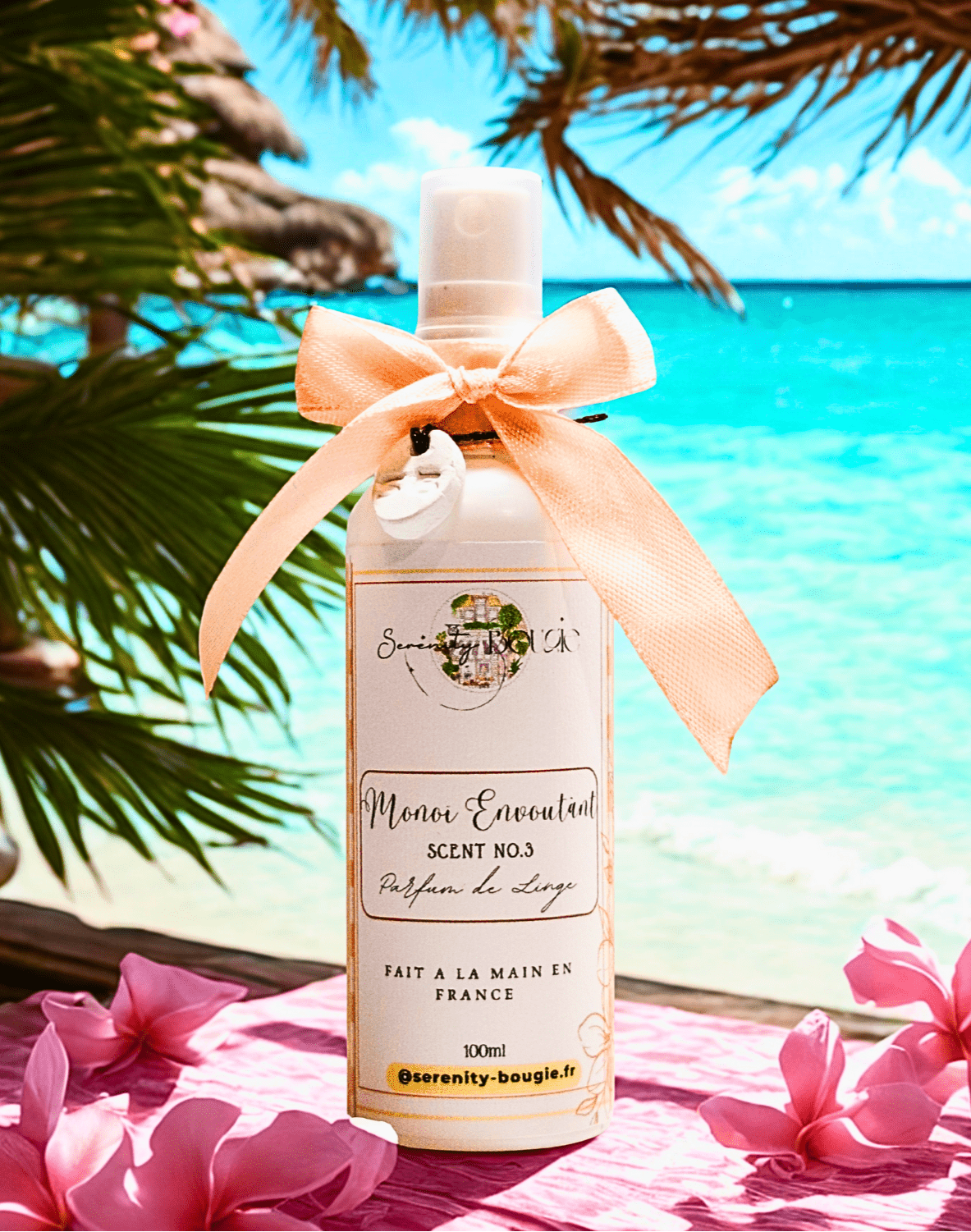 Parfum de Linge & d'Intérieur Monoï Envoûtant - Grasse & Fabrication Française - Sérénity Bougie - brume de linge