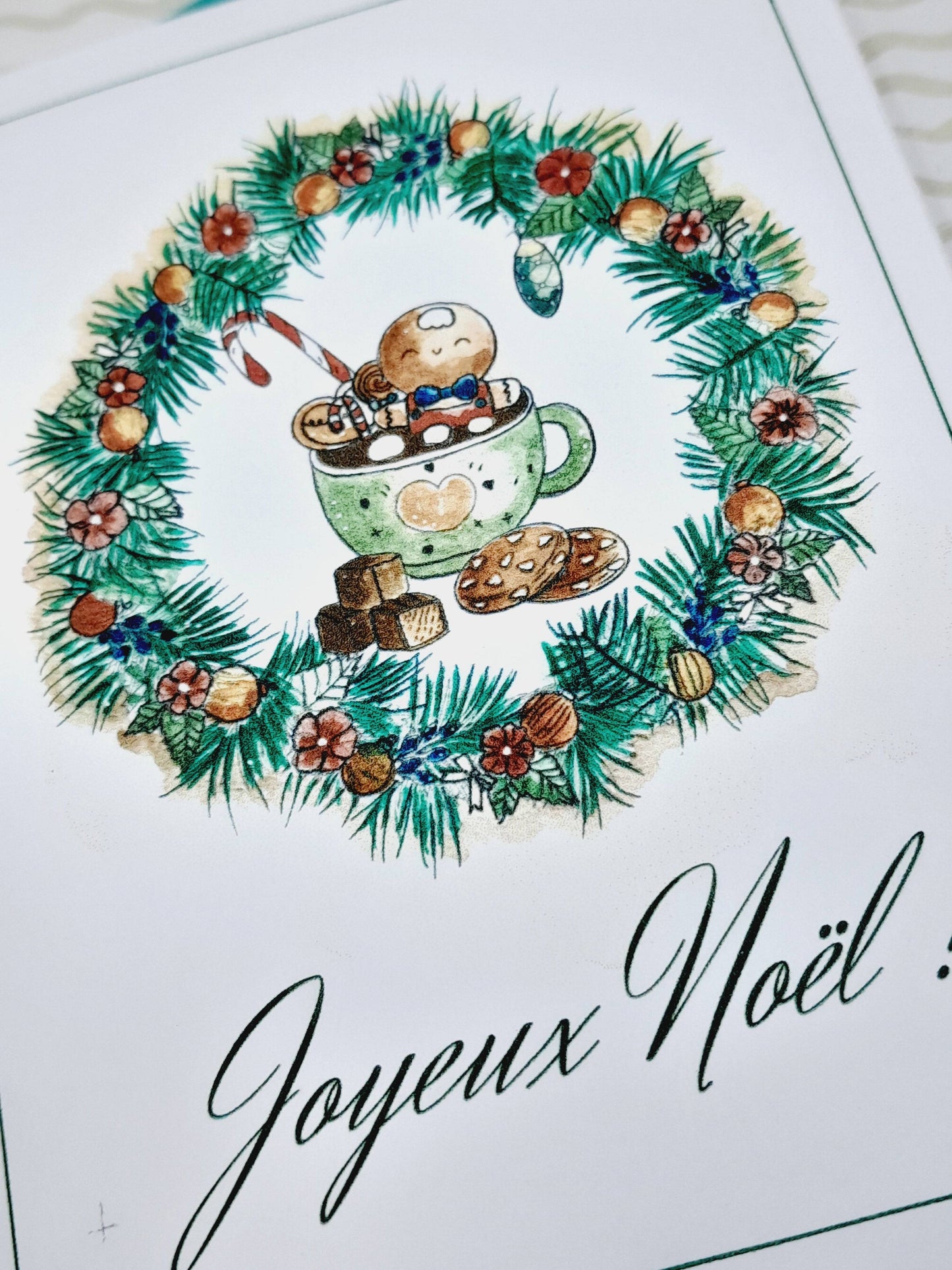 Feliz Navidad tarjeta acuarela hecha a mano - Colección "les gourmandises de p'tit biscuit" Ilustración digital
