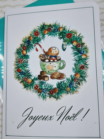 Feliz Navidad tarjeta acuarela hecha a mano - Colección "les gourmandises de p'tit biscuit" Ilustración digital